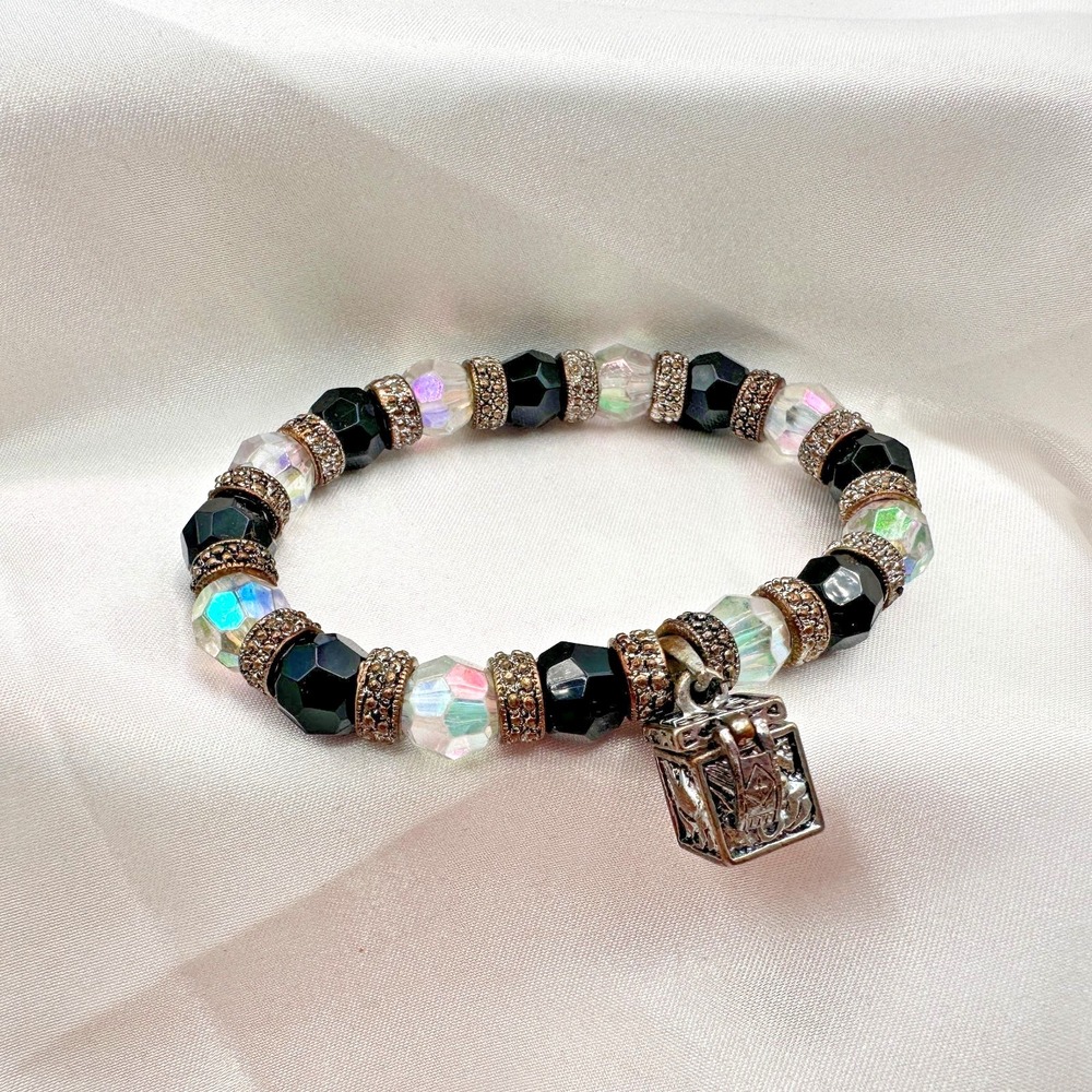 Vintage 90s Glass Bead Silver Tone Locket Charm Bracelet Boho Fashion Jewelry